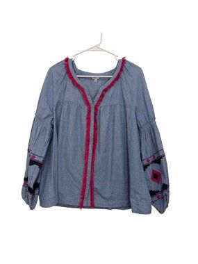Crown & Ivy Womens Embroidered Fringe Chambray Blouse Size XL Blue Snap Closure